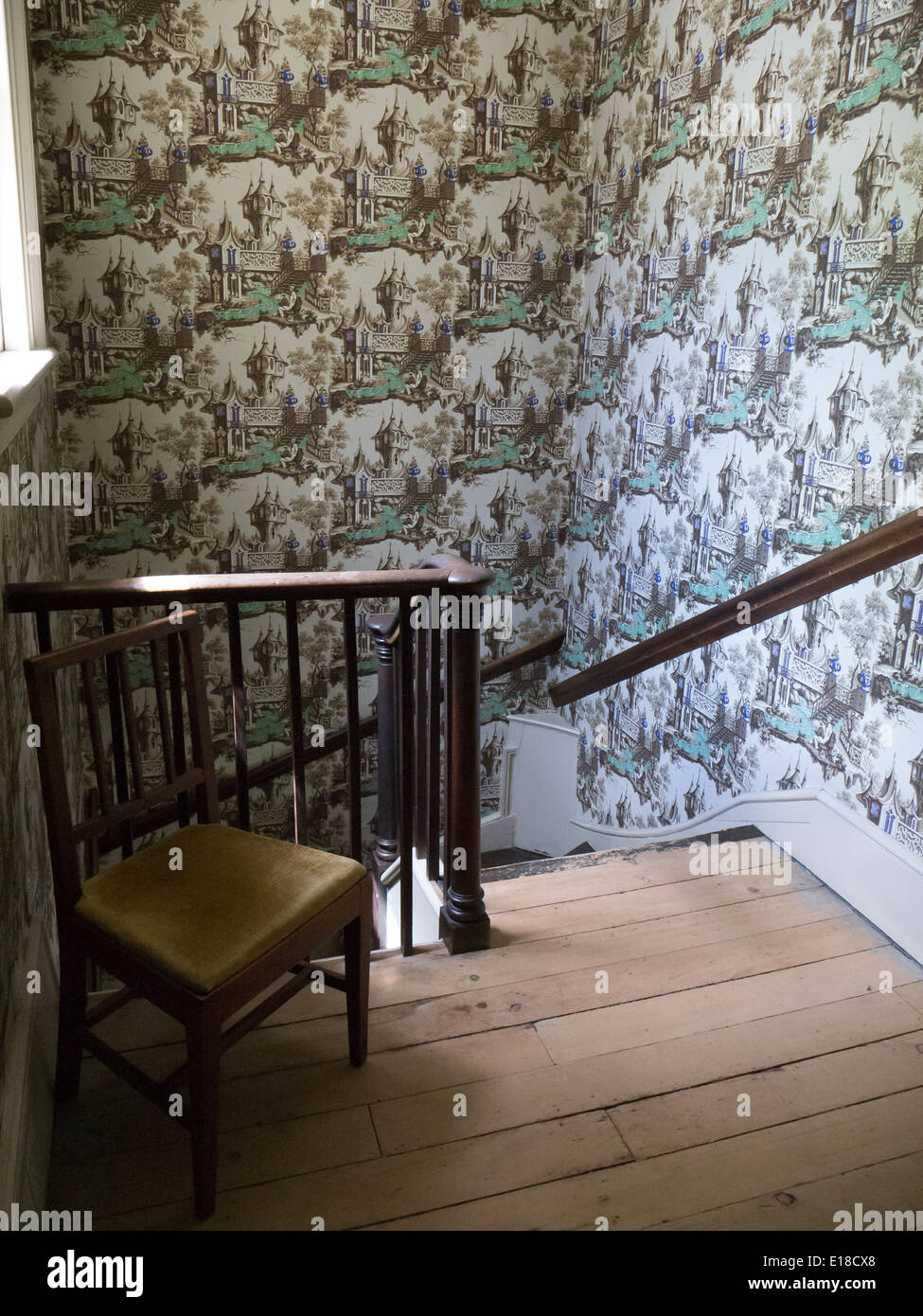 vintage staircase old wallpaper hardwood floor at colborne lodge Stock Photo