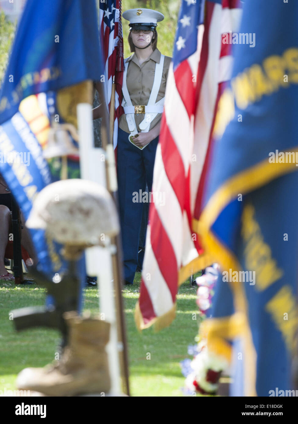 Dana Point, California, USA. 26th May, 2014. A lady Marine, as part of the 5th Marine Regiment Honor Guard, stands by to present the colors on Memorial Day on Monday, May 26, 2014.----Dana Point's Veterans of Foreign Wars Post 9934, along with the Ladies Auxiliary and the City of Dana Point, hosted this year's Memorial Day Ceremony at Pines Park in Capistrano Beach. Credit:  ZUMA Press, Inc./Alamy Live News Stock Photo