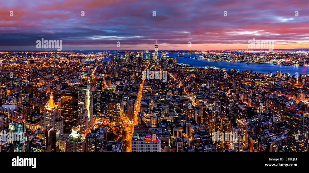 Aerial panorama of New York city at dusk Stock Photo