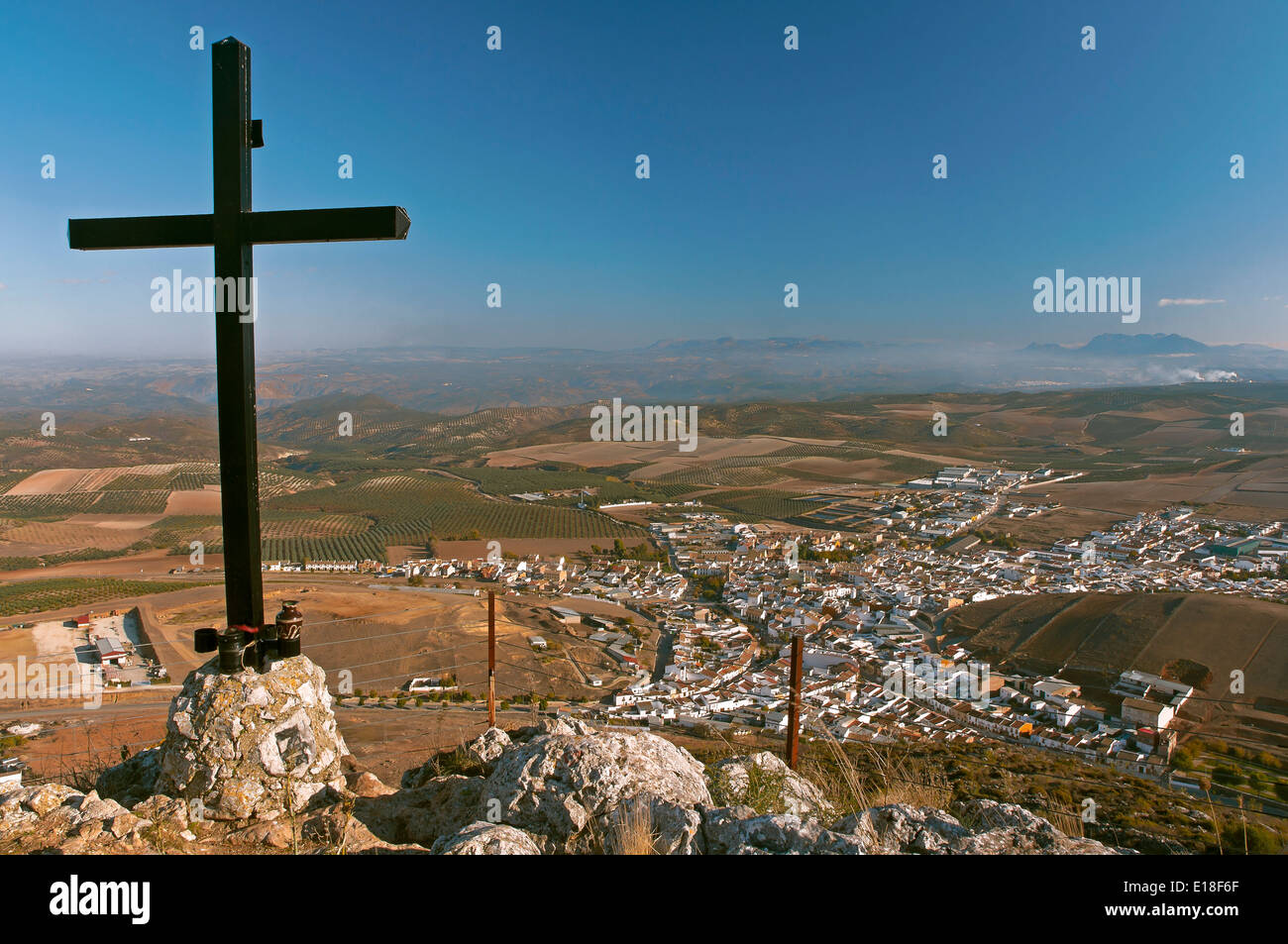 Panoramic view and cross, Alameda, Malaga-province, Region of Andalusia, Spain, Europe Stock Photo