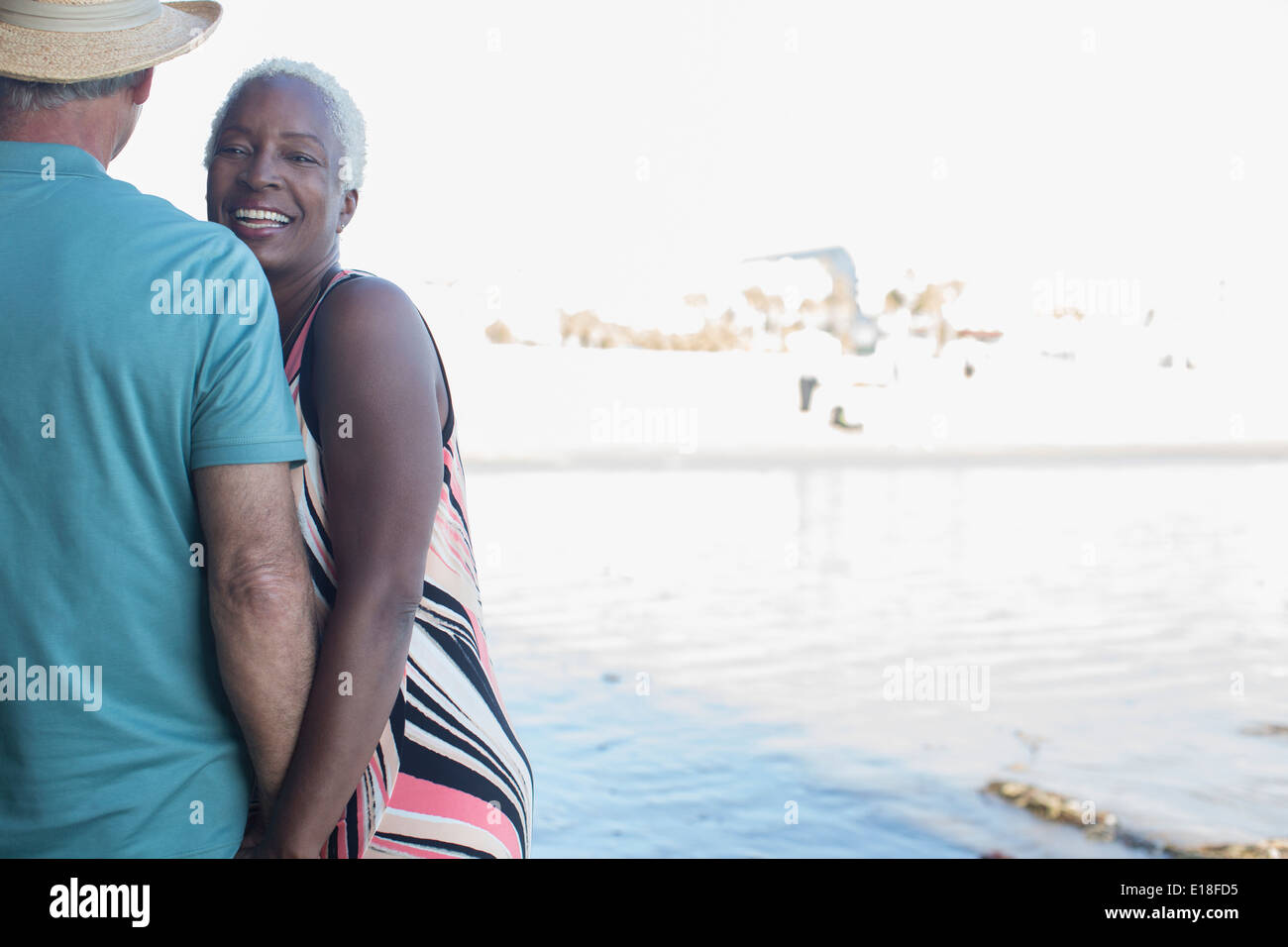 Portrait of smiling senior couple on beach Stock Photo