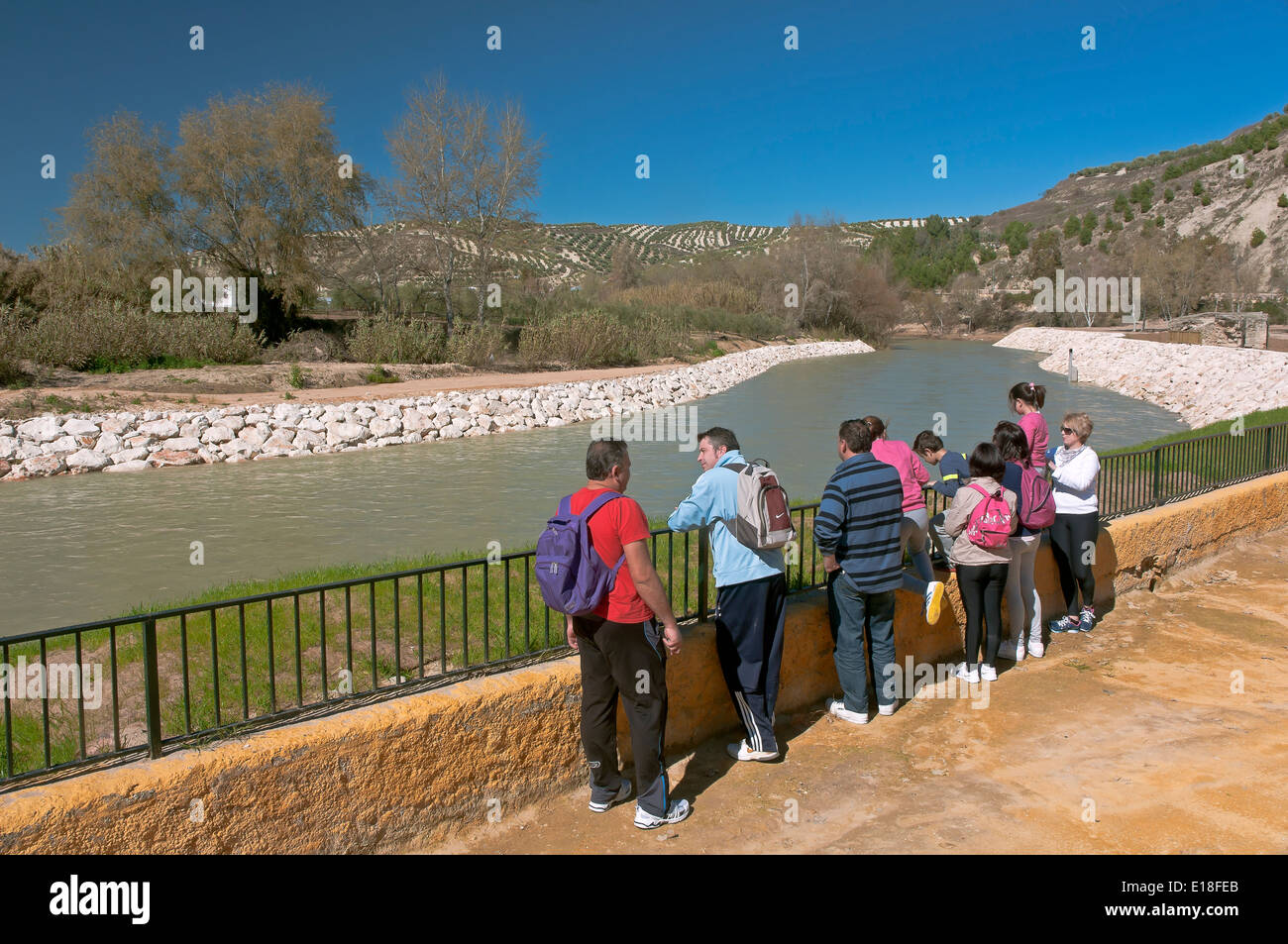 Genil river and tourists, Jauja, Cordoba-province, Region of Andalusia, Spain, Europe Stock Photo