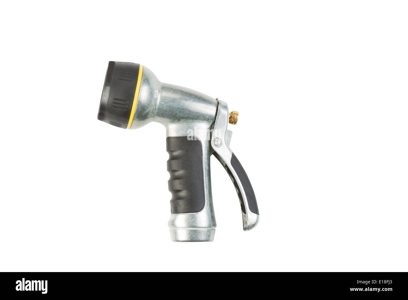 Closeup horizontal photo of new hose nozzle isolated on white Stock Photo