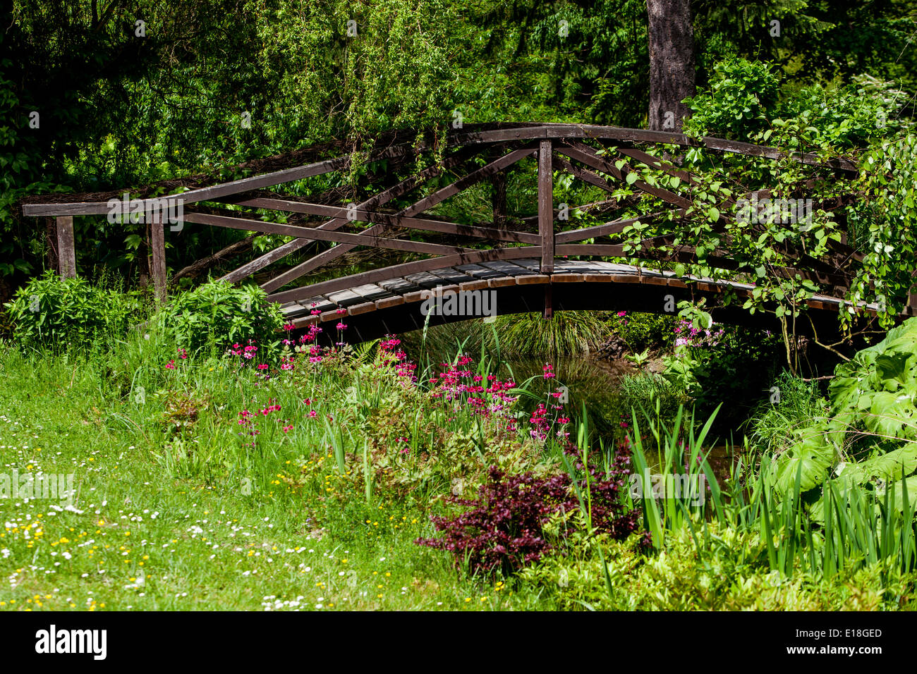 Wooden garden bridge over a stream Scenic spring garden old footbridge Stock Photo