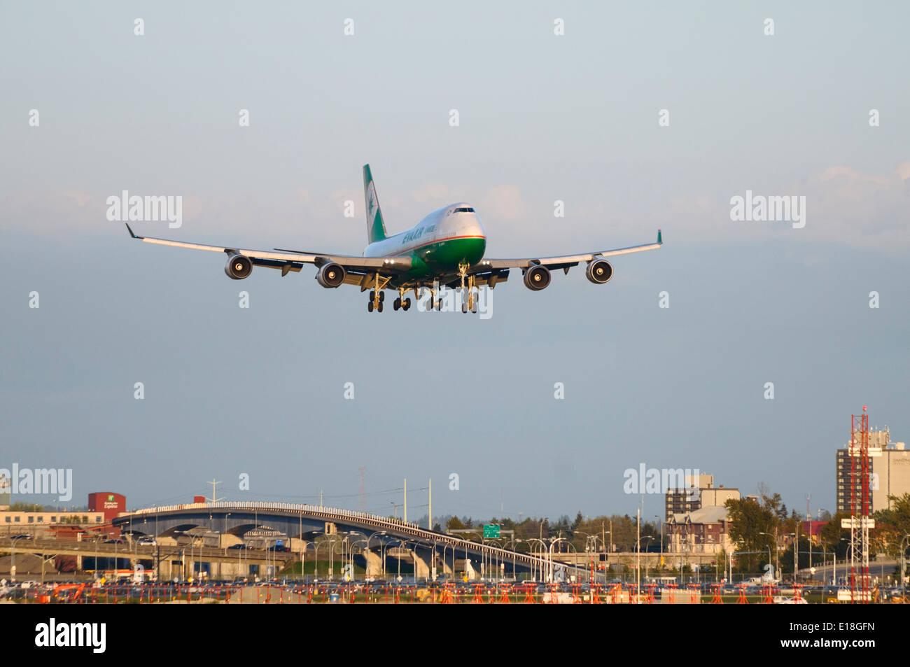 EVA Air plane Boeing 747 landing Vancouver International Airport Stock Photo