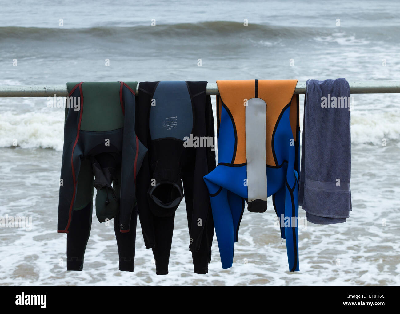 Surfers wetsuits at Saltburn by the Sea, North Yorkshire, England, UK