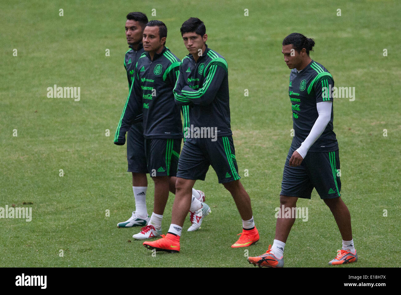 Mexico City, Mexico. 26th May, 2014. (L to R) Players Juan Vazquez, Luis Montes, Alan Pulido and Carlos Pena of Mexico's national soccer team, take part in a training session before the Brazil 2014 FIFA World Cup, in the Azteca Stadium, in Mexico City, capital of Mexico, on May 26, 2014. Credit:  Pedro Mera/Xinhua/Alamy Live News Stock Photo