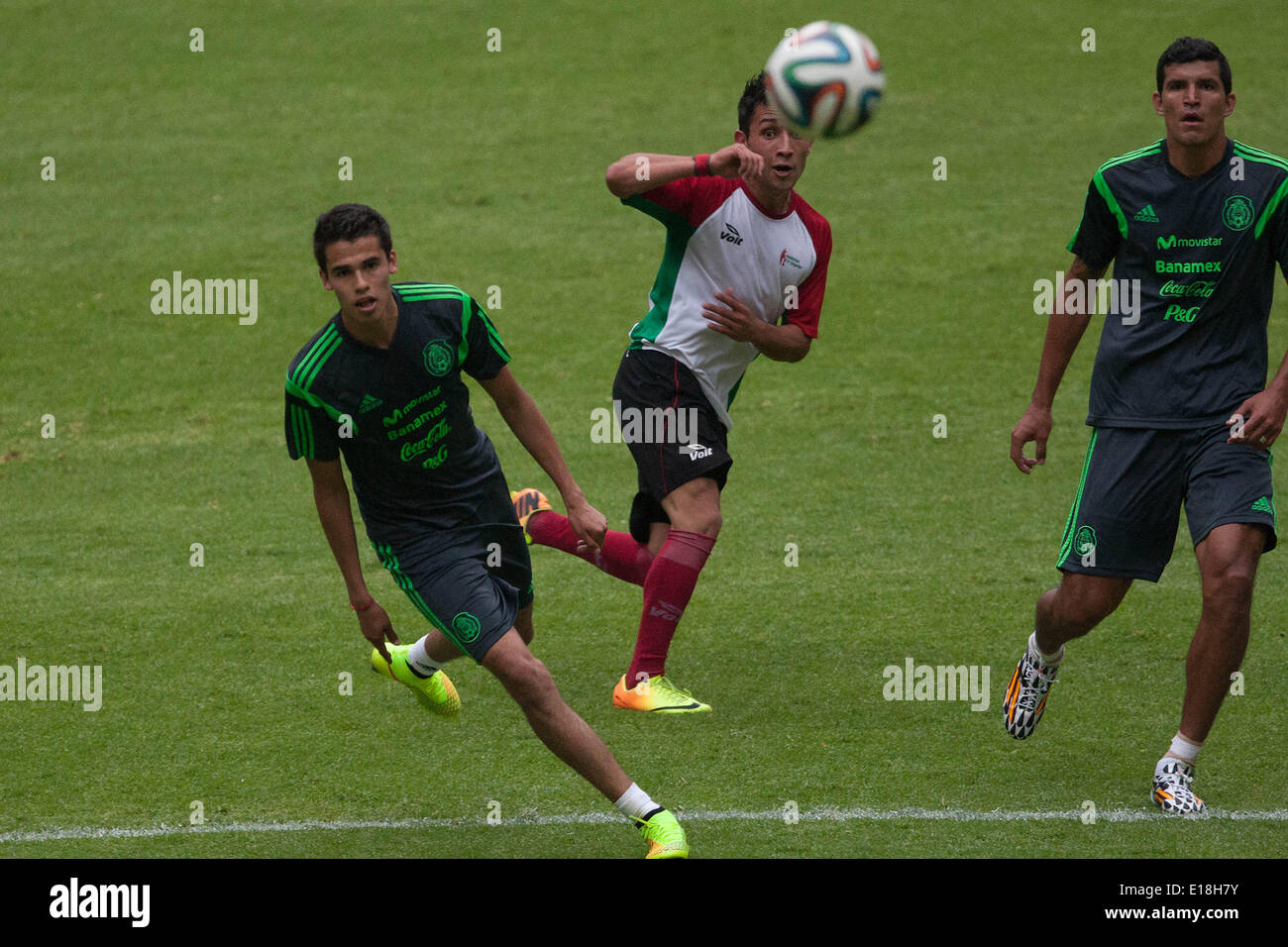 Mexico City, Mexico. 26th May, 2014. Players Diego Reyes (L) and Francisco Rodriguez (R) of Mexico's national soccer team, take part in a training session before the Brazil 2014 FIFA World Cup, in the Azteca Stadium, in Mexico City, capital of Mexico, on May 26, 2014. Credit:  Pedro Mera/Xinhua/Alamy Live News Stock Photo
