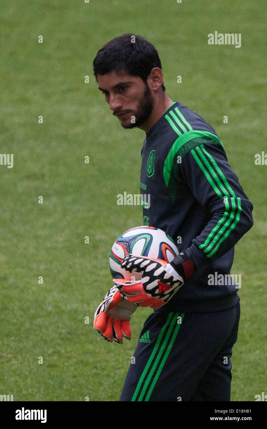 Mexico City, Mexico. 26th May, 2014. Mexico's national soccer team goalkeeper, Jesus Corona, takes part in a training session before the Brazil 2014 FIFA World Cup, in the Azteca Stadium, in Mexico City, capital of Mexico, on May 26, 2014. Credit:  Pedro Mera/Xinhua/Alamy Live News Stock Photo