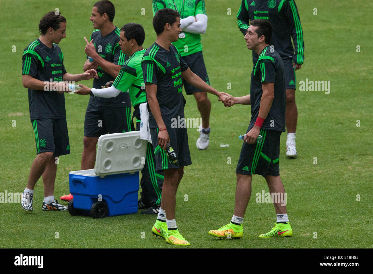 Mexico City, Mexico. 26th May, 2014. (L to R) Players Andres Guardado, Javier Hernandez, Diego Reyes and Hector Herrera of Mexico's national soccer team, take part in a training session before the Brazil 2014 FIFA World Cup, in the Azteca Stadium, in Mexico City, capital of Mexico, on May 26, 2014. Credit:  Pedro Mera/Xinhua/Alamy Live News Stock Photo