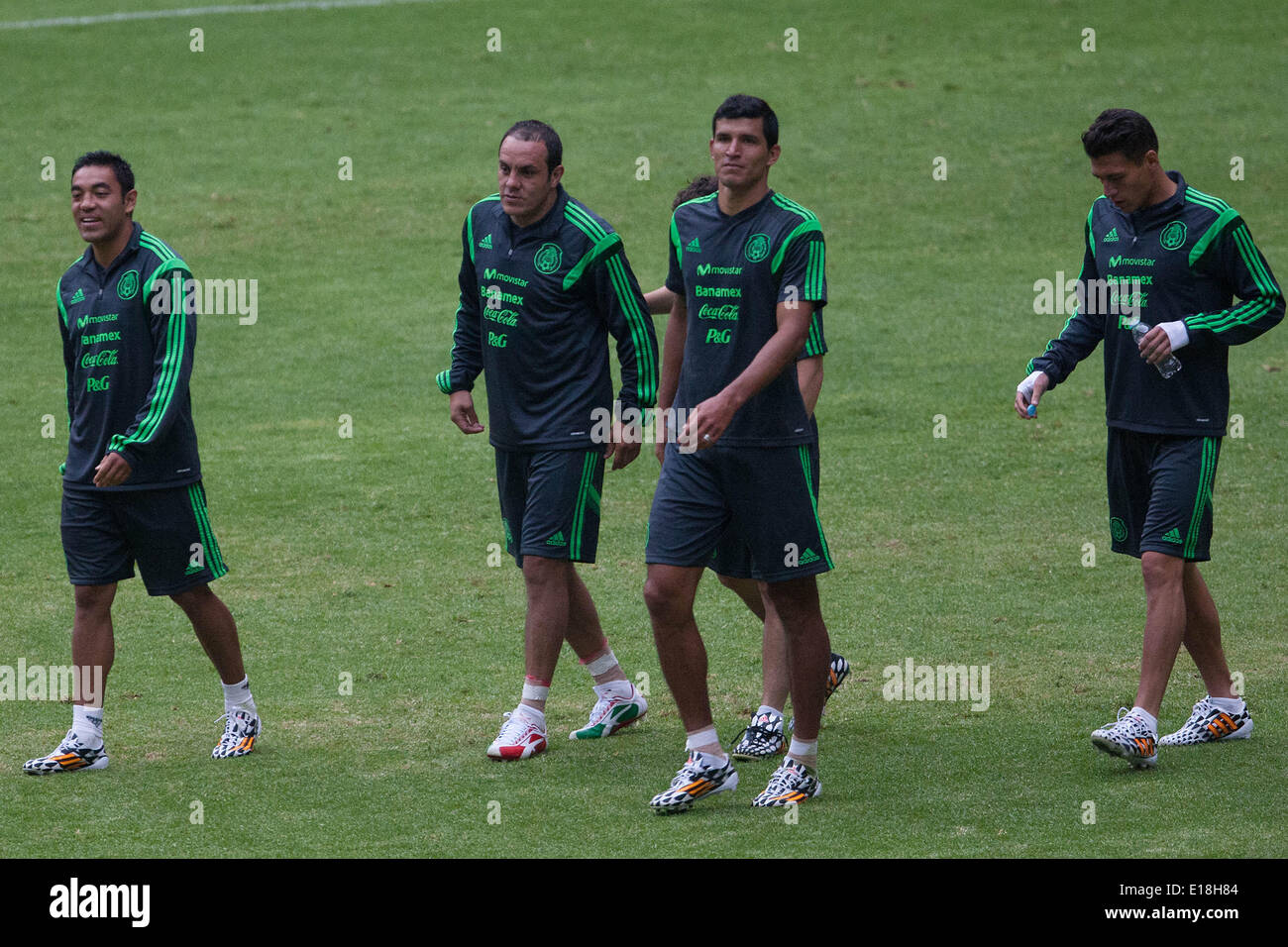 Mexico City, Mexico. 26th May, 2014. (L to R) Players Marco Fabian de la Mora, Cuauhtemoc Blanco, Andres Guardado, Francisco Rodriguez and Hector Moreno of Mexico's national soccer team, take part in a training session before the Brazil 2014 FIFA World Cup, in the Azteca Stadium, in Mexico City, capital of Mexico, on May 26, 2014. Credit:  Pedro Mera/Xinhua/Alamy Live News Stock Photo