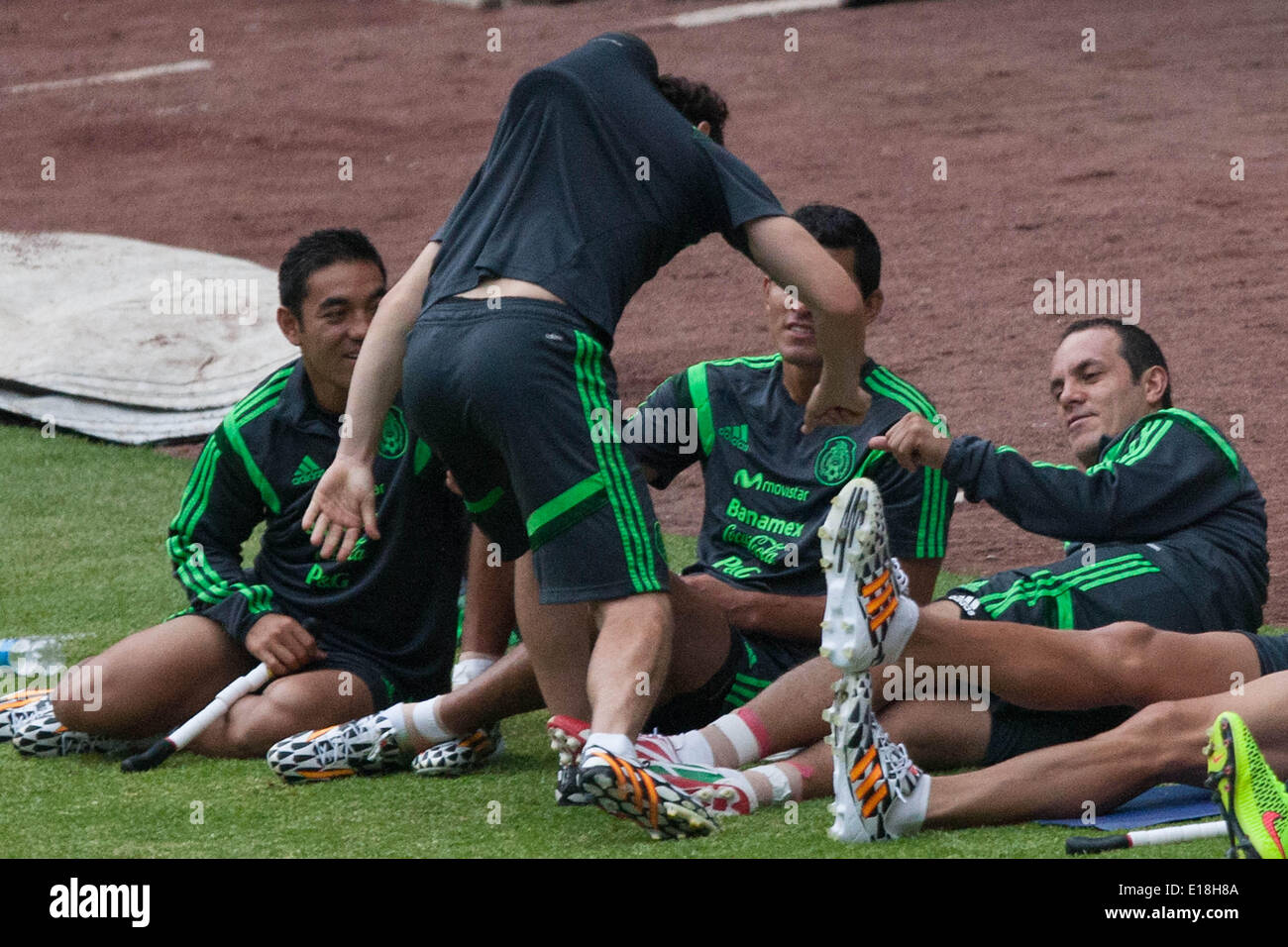 Mexico City, Mexico. 26th May, 2014. (L to R) Players Marco Fabian de la Mora, Francisco Rodriguez, Andres Guardado and Cuauhtemoc Blanco of Mexico's national soccer team, take part in a training session before the Brazil 2014 FIFA World Cup, in the Azteca Stadium, in Mexico City, capital of Mexico, on May 26, 2014. Credit:  Pedro Mera/Xinhua/Alamy Live News Stock Photo