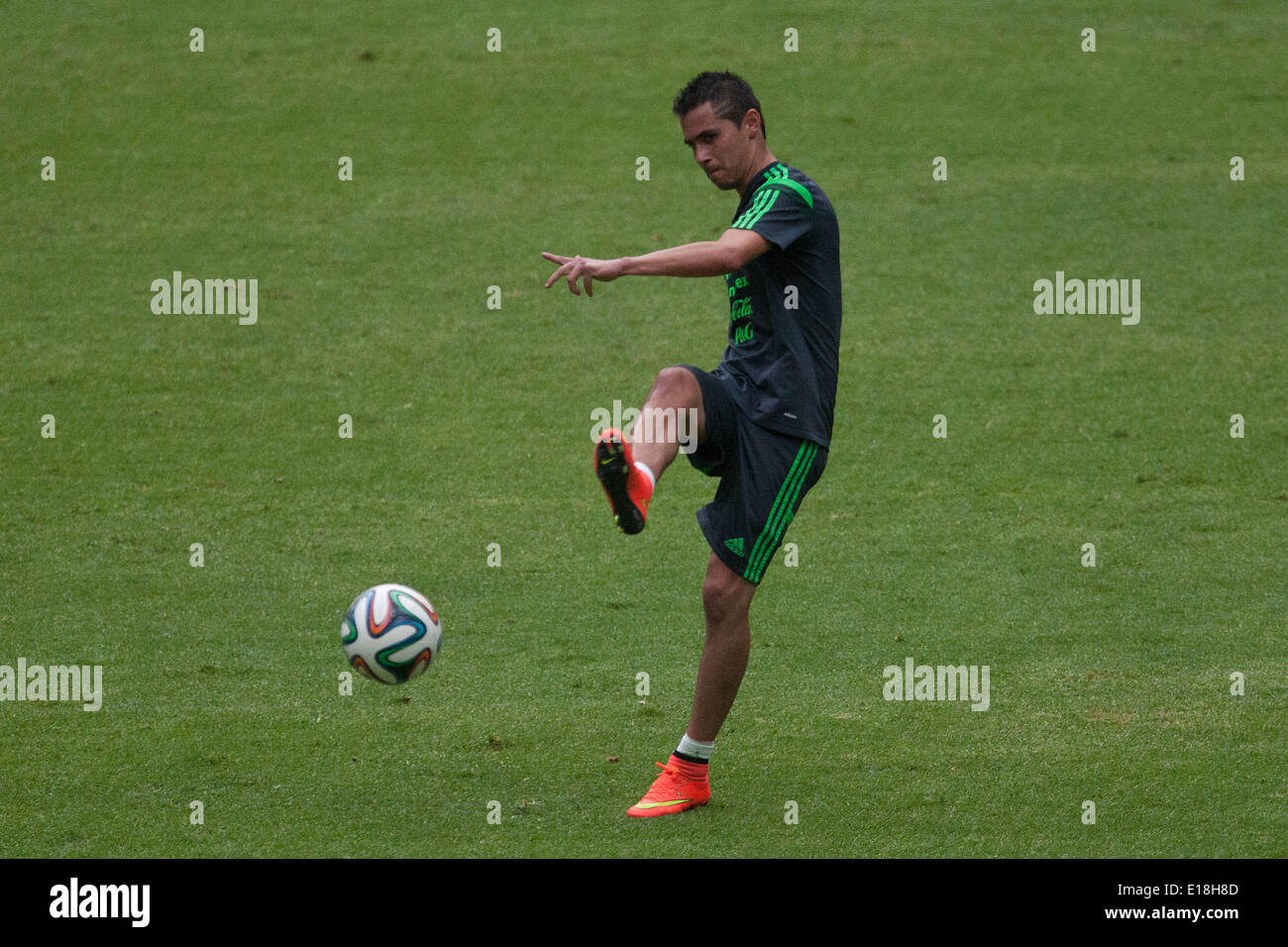 Mexico City, Mexico. 26th May, 2014. Player Paul Aguilar of Mexico's national soccer team, takes part in a training session before the Brazil 2014 FIFA World Cup, in the Azteca Stadium, in Mexico City, capital of Mexico, on May 26, 2014. Credit:  Pedro Mera/Xinhua/Alamy Live News Stock Photo