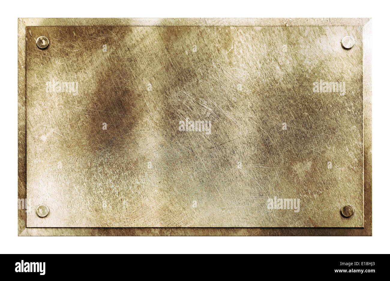 Rustic shiny brass yellow metal sign plate with rivets texture background isolated on white Stock Photo