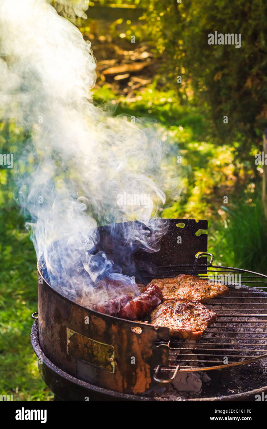 Barbecue in the garden. Process of cooking meat on grill Stock Photo
