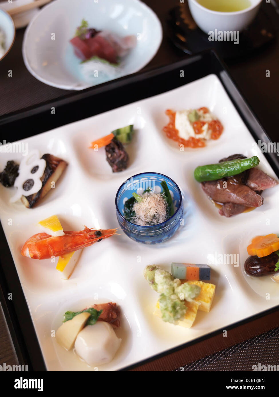 Closeup of a meal served at a Japanese highend sushi restaurant. Ginza, Tokyo, Japan Stock