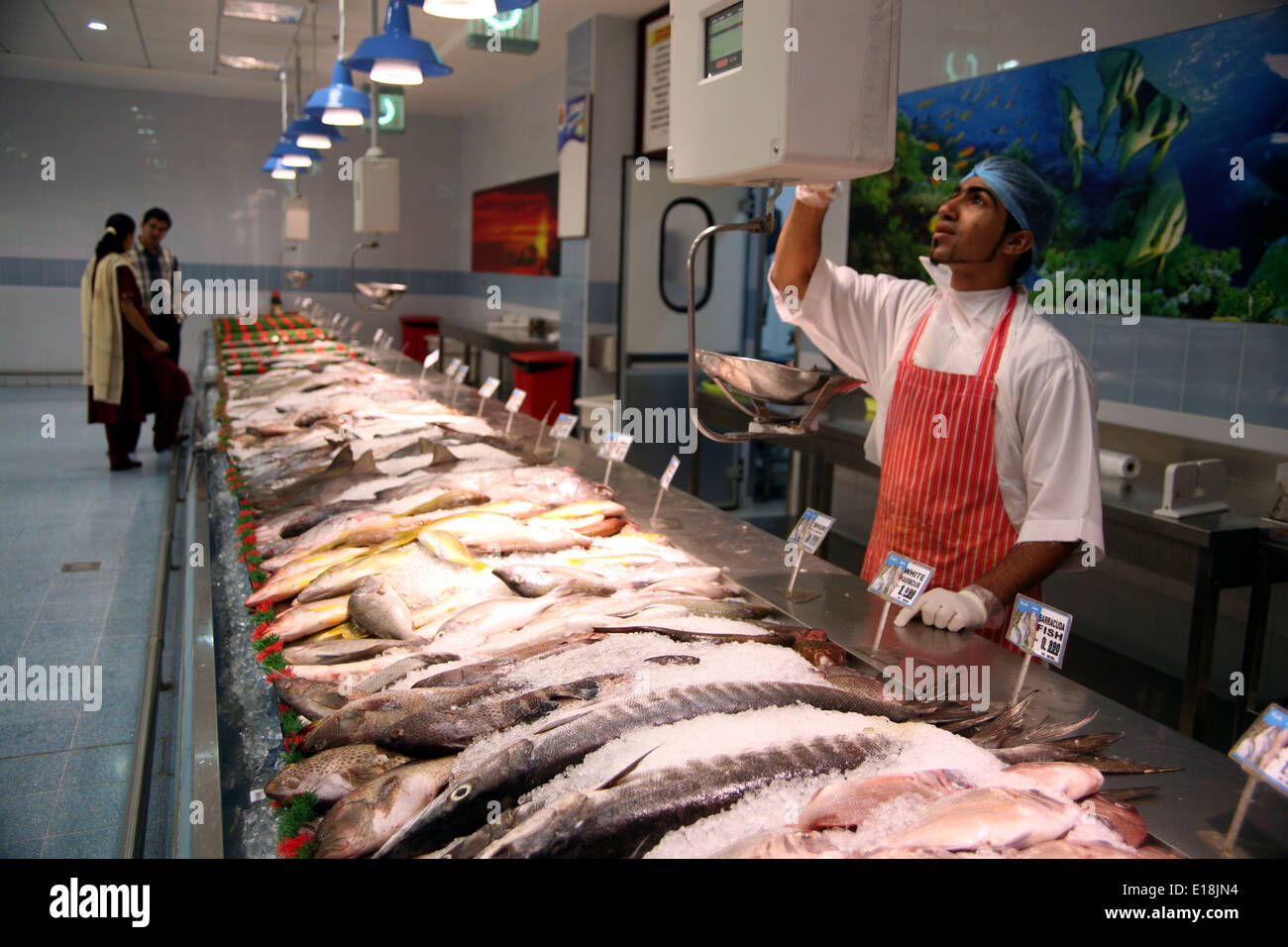Fresh seafood counter in Lulu supermarket Muscat Oman Stock Photo - Alamy