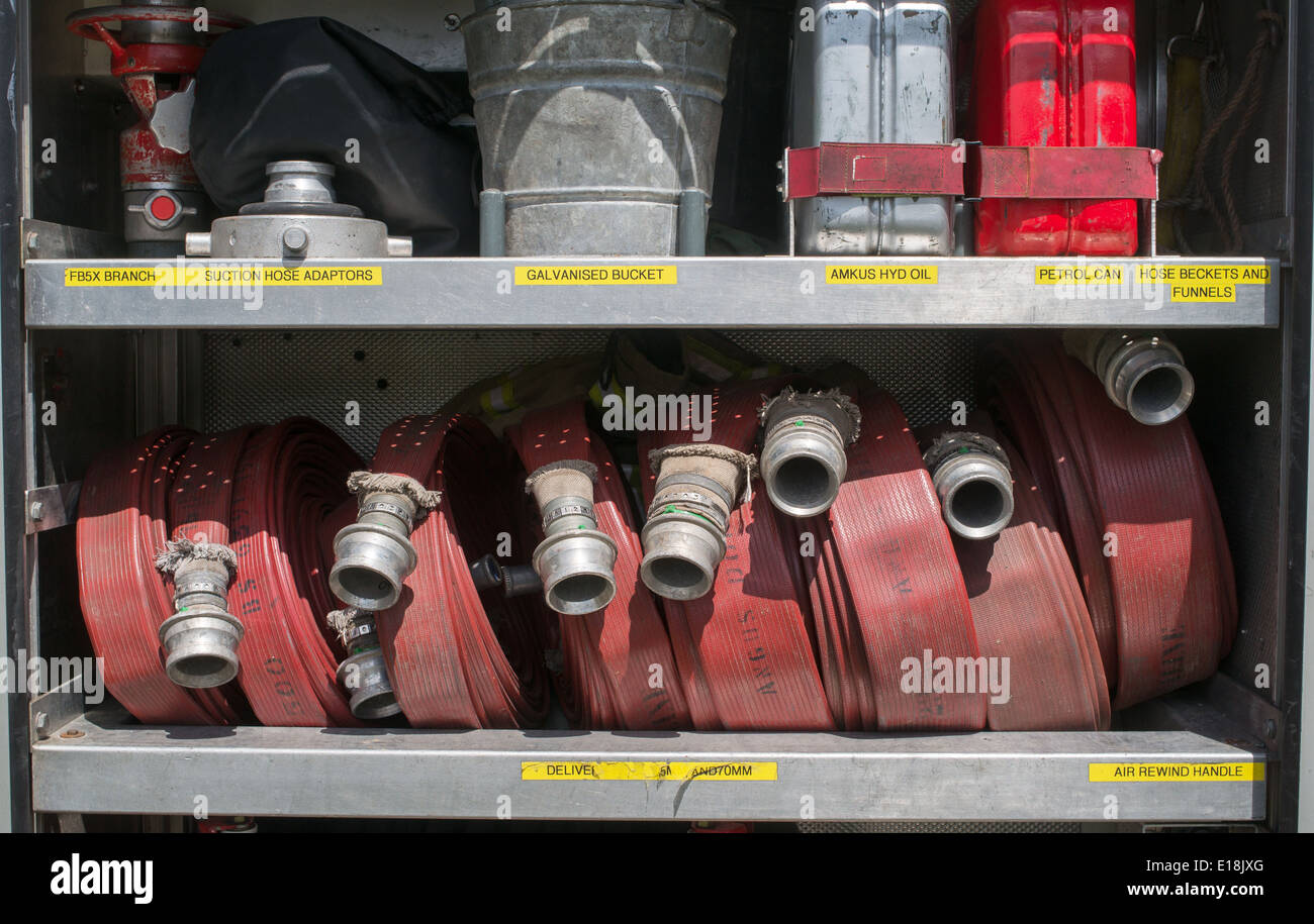 Fire hoses and other fire fighting equipment on board a fire engine or
