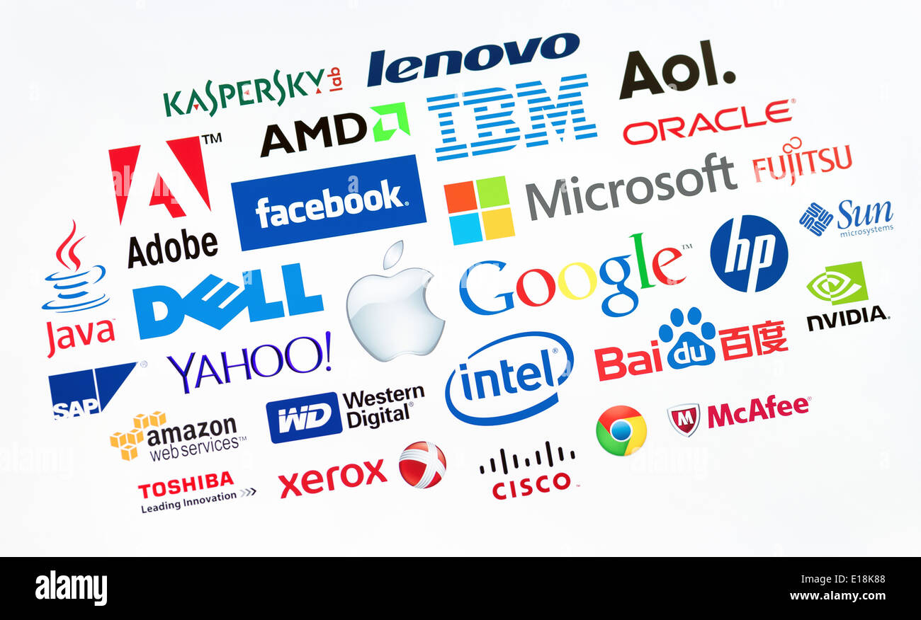 A logotype collection of well-known world top companies of computer technologies on a monitor screen Stock Photo