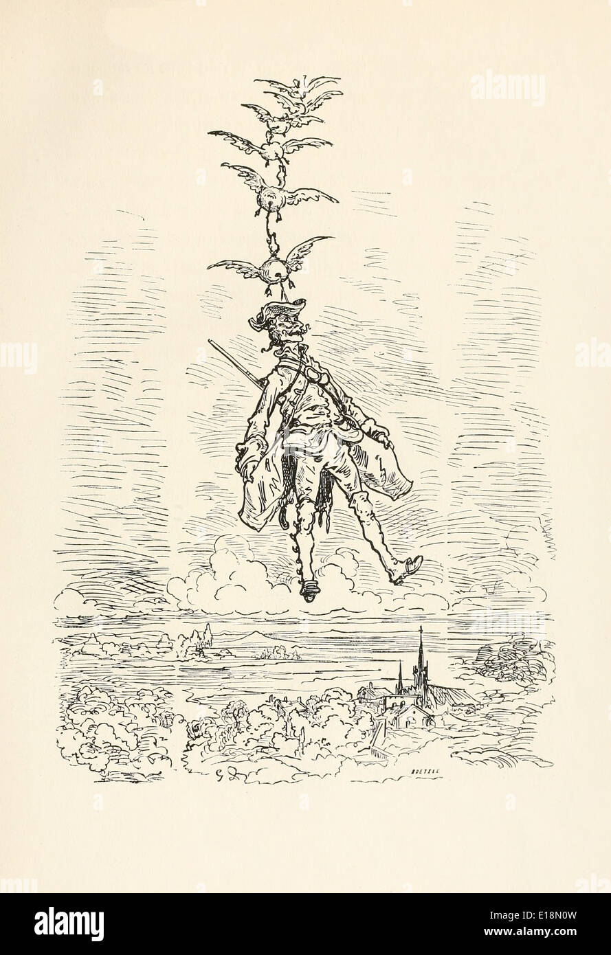 Paul Gustave Doré (1832-1883) illustration from ‘The Adventures of Baron Munchausen’ by Rudoph Raspe published in 1862. Flying Stock Photo