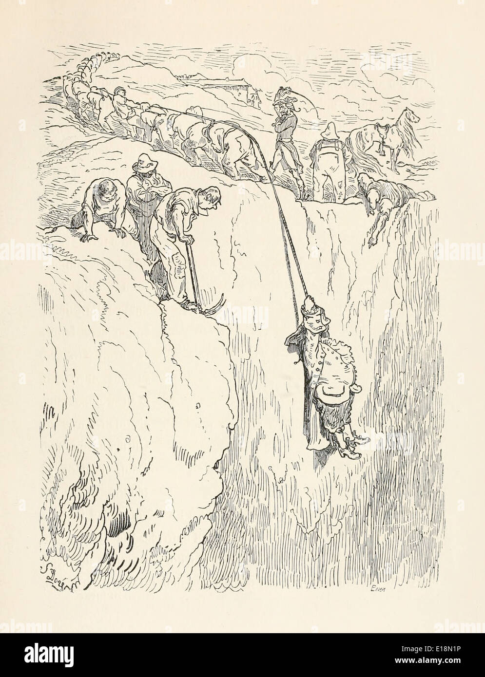Chapter 3 Rescuing the servant from the pit. Paul Gustave Doré (1832-1883) illustration from ‘The Adventures of Baron Munchausen’ by Rudoph Raspe published in 1862. Stock Photo
