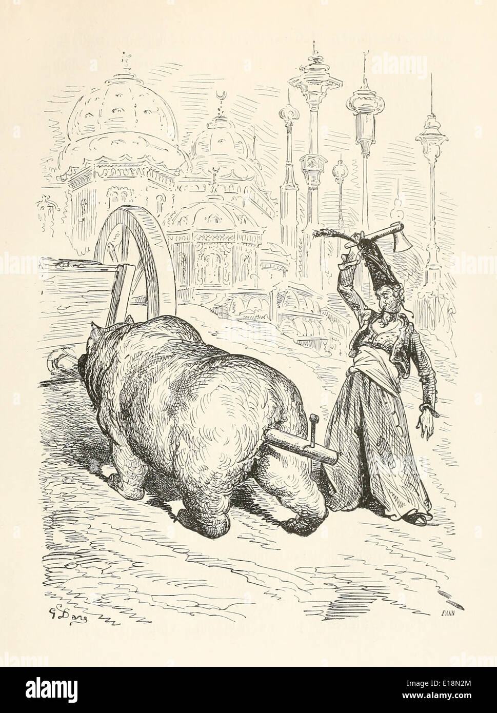 Chapter 5  The Baron drives a peg through a pole covered in honey trapping the greedy bear. Paul Gustave Doré (1832-1883) illustration from ‘The Adventures of Baron Munchausen’ by Rudoph Raspe published in 1862. Stock Photo