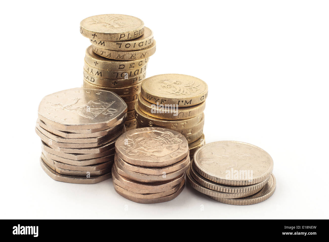 British coins stacked. £1, 50p, 20p, 10p Stock Photo