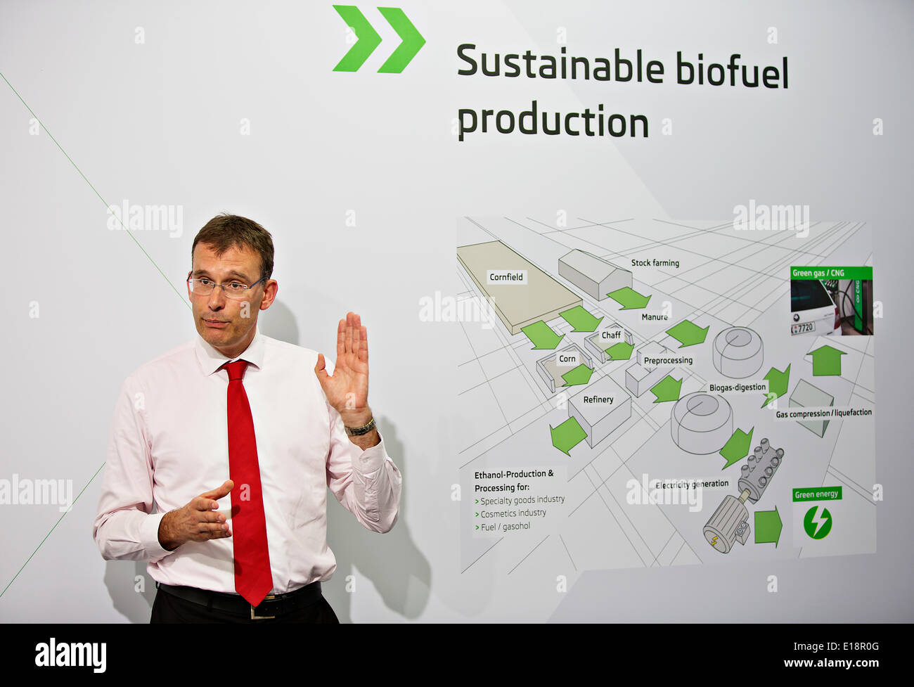 Chris de Visser, coordinator of the Research Center for Bio Metan at the Wageningen University speaks about the production and use of Bio Metan as an alternative fuel for cars within the international press presentation of the new SKODA Octavia G-TEC in t Stock Photo