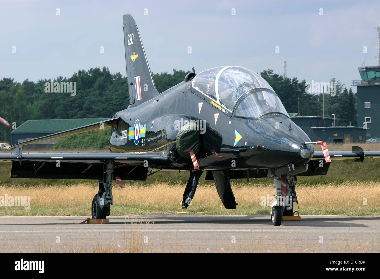 A training aircraft BAe British Aerospace Hawk of Royal Air Force is parked at Kleine Brogel airport. Stock Photo