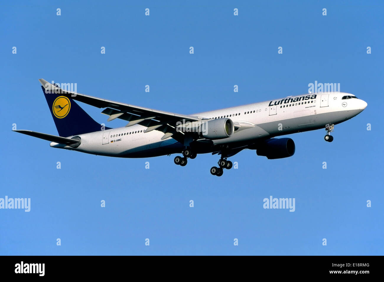 An Airbus A330-200 passenger aircraft ofgerman airline Lufthansa is landing at Frankfurt-Main airport. Stock Photo
