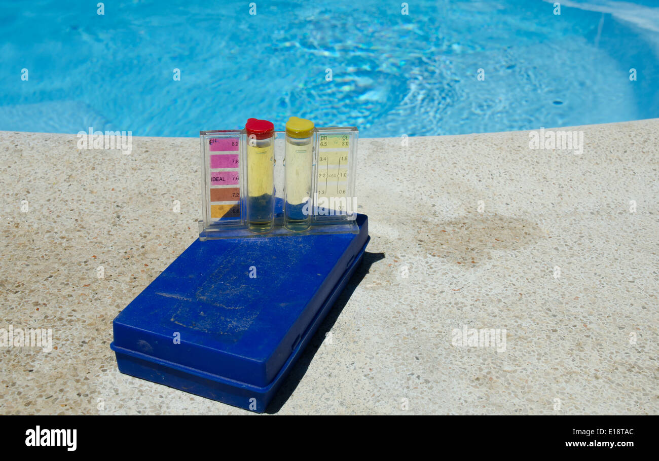 Swimming pool water testing kit Stock Photo