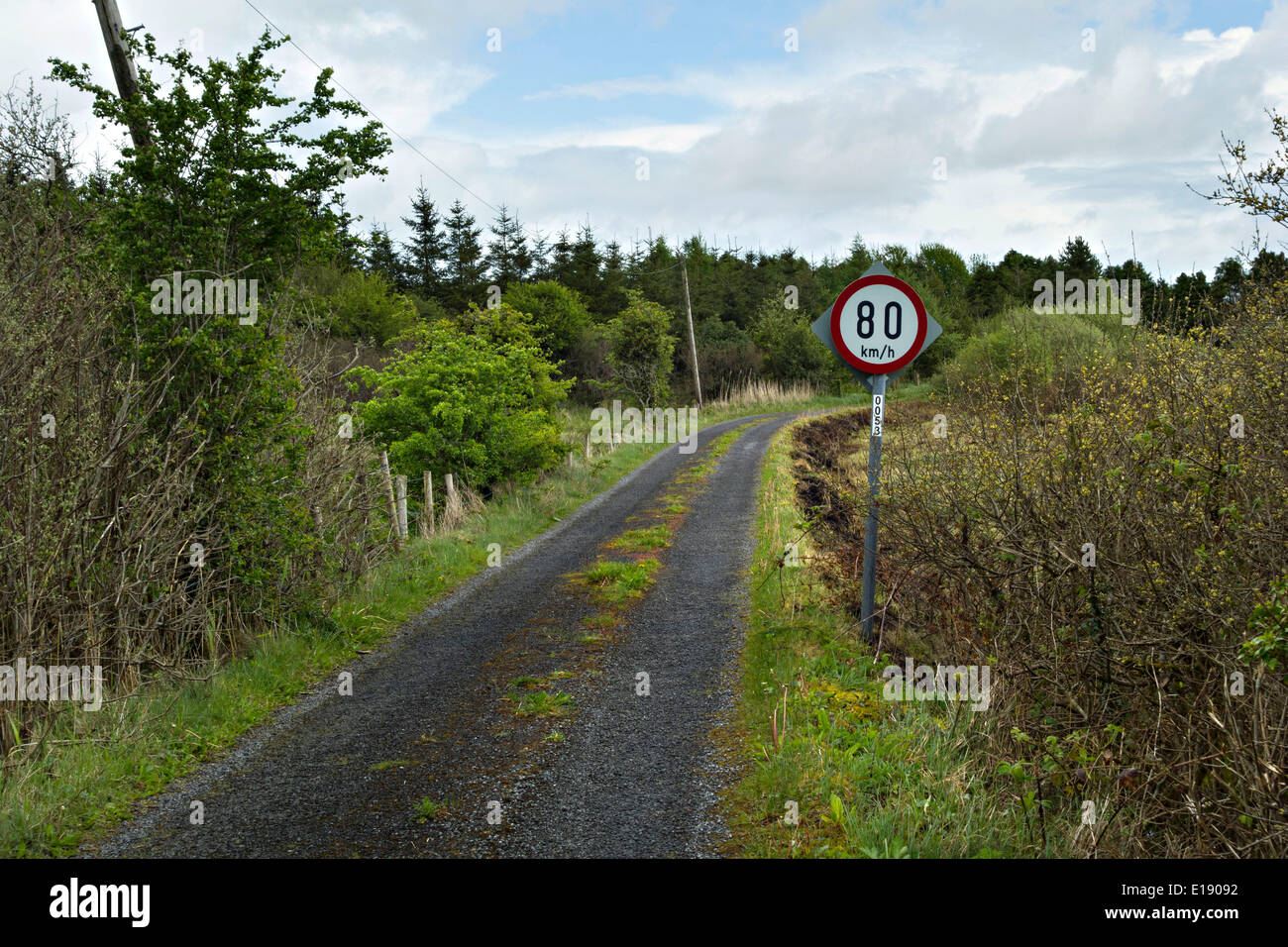 80 Km h Speed Sign On Narrow Road In Irish Landscape County Mayo Stock 80-km-h-speed-sign-on-narrow-road-in-irish-landscape-county-mayo-stock