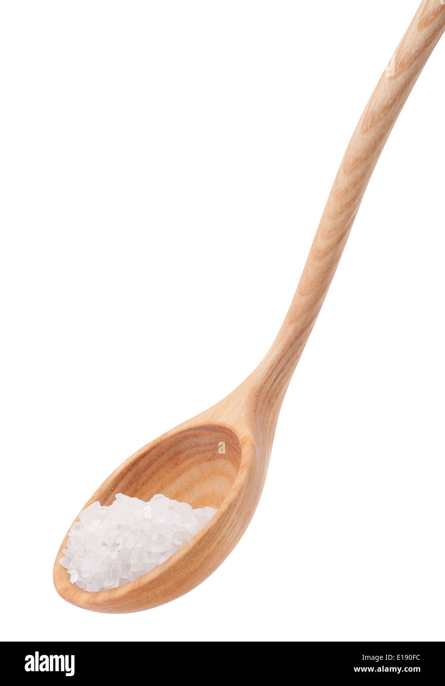Mineral salt in wooden spoon isolated on white background cutout Stock