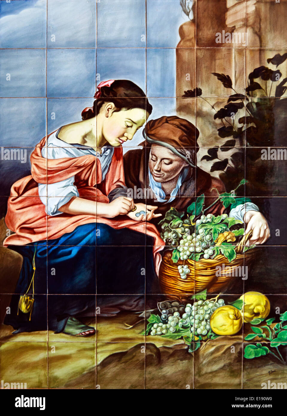 Tile Mural of two ladies in the Manolo Safont Tile Museum in Onda Stock Photo