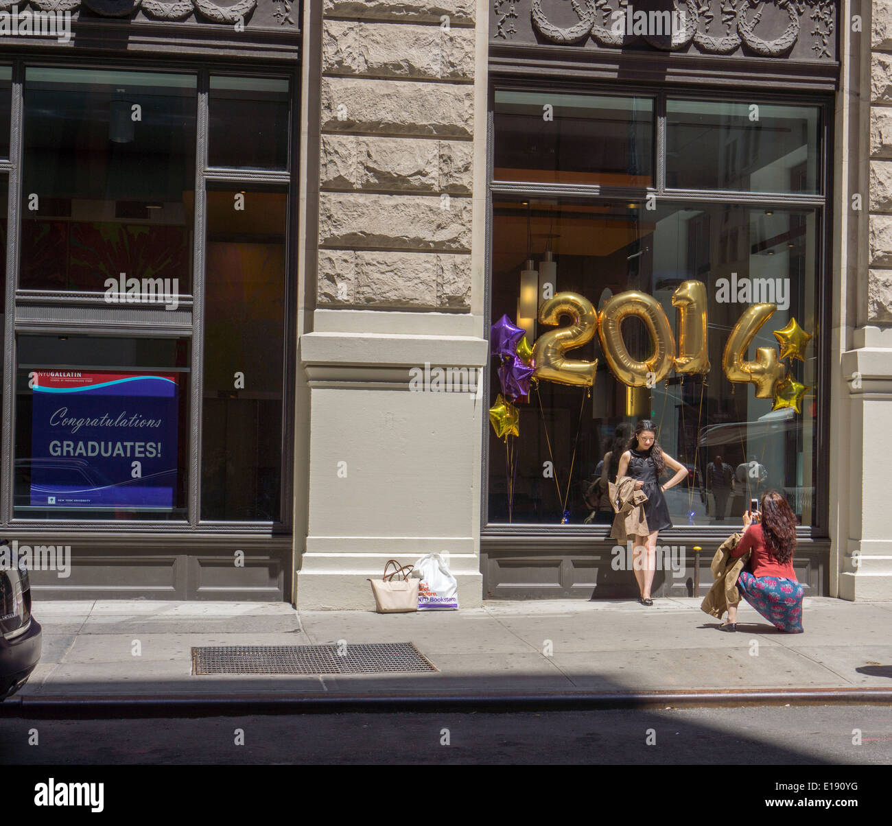 '2014' balloons on Tuesday, May 20, 2014 congratulate graduates of New York University in Greenwich Village in New York Stock Photo