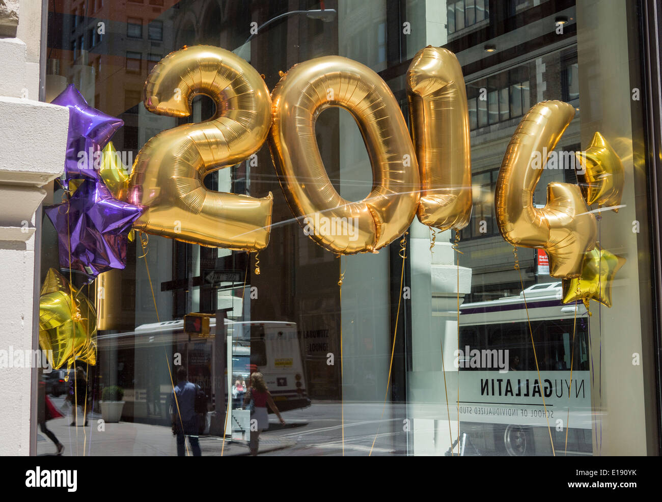 '2014' balloons on Tuesday, May 20, 2014 congratulate graduates of New York University in Greenwich Village in New York Stock Photo