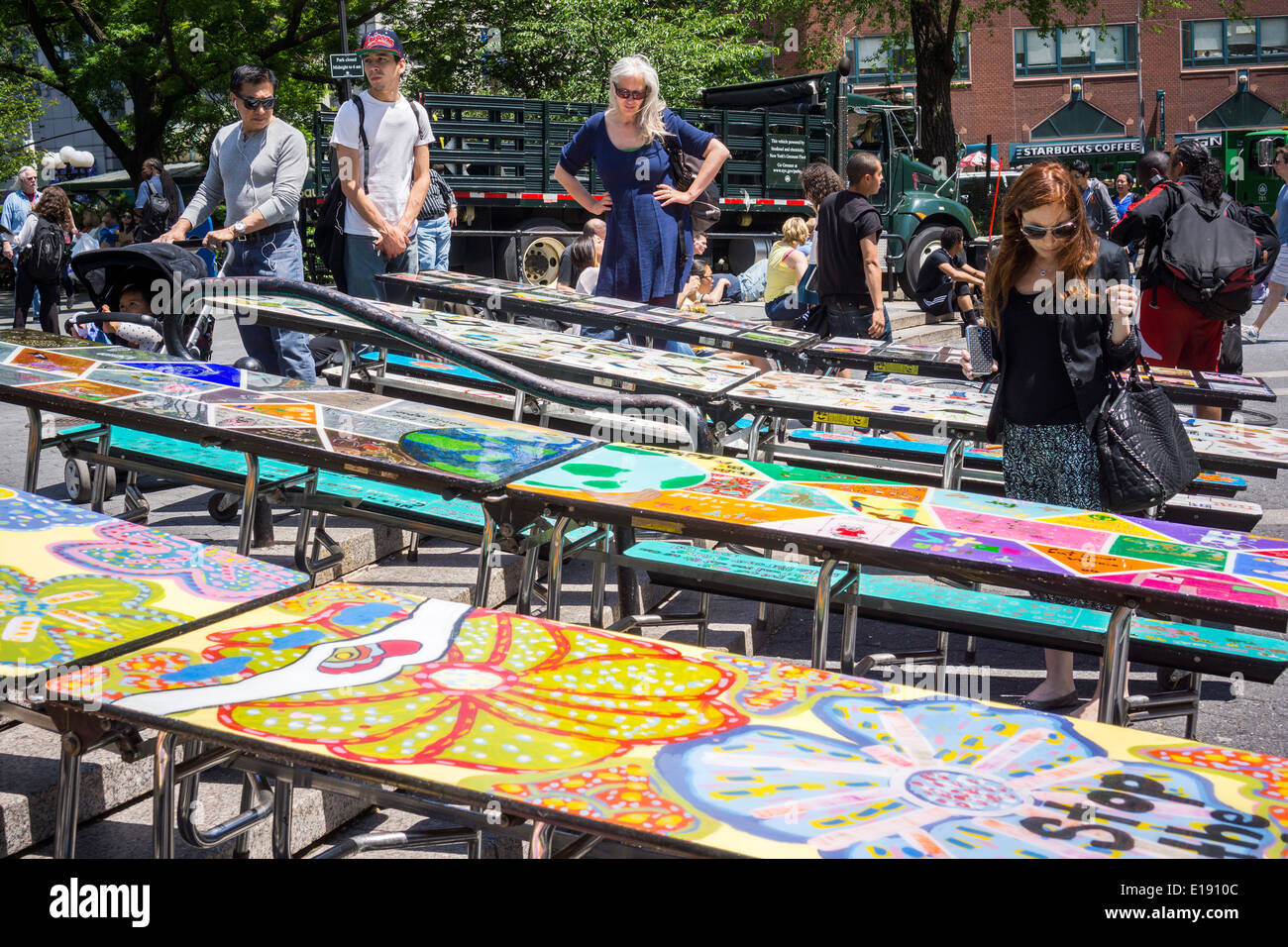 School Lunchroom Tables Decorated With Art Representing