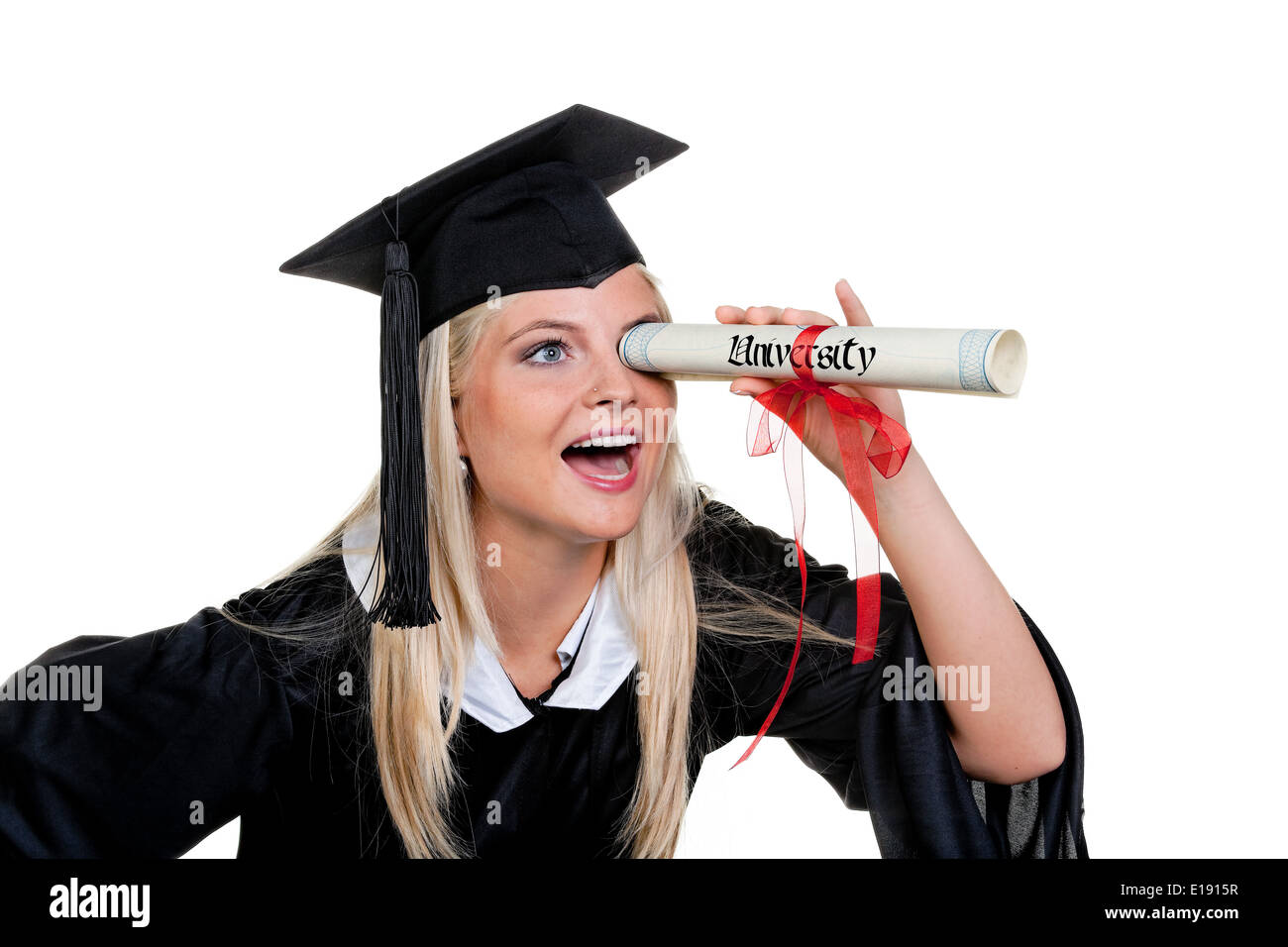 Junge Frau mit Doktor Hut sucht Arbeit: Stock Photo