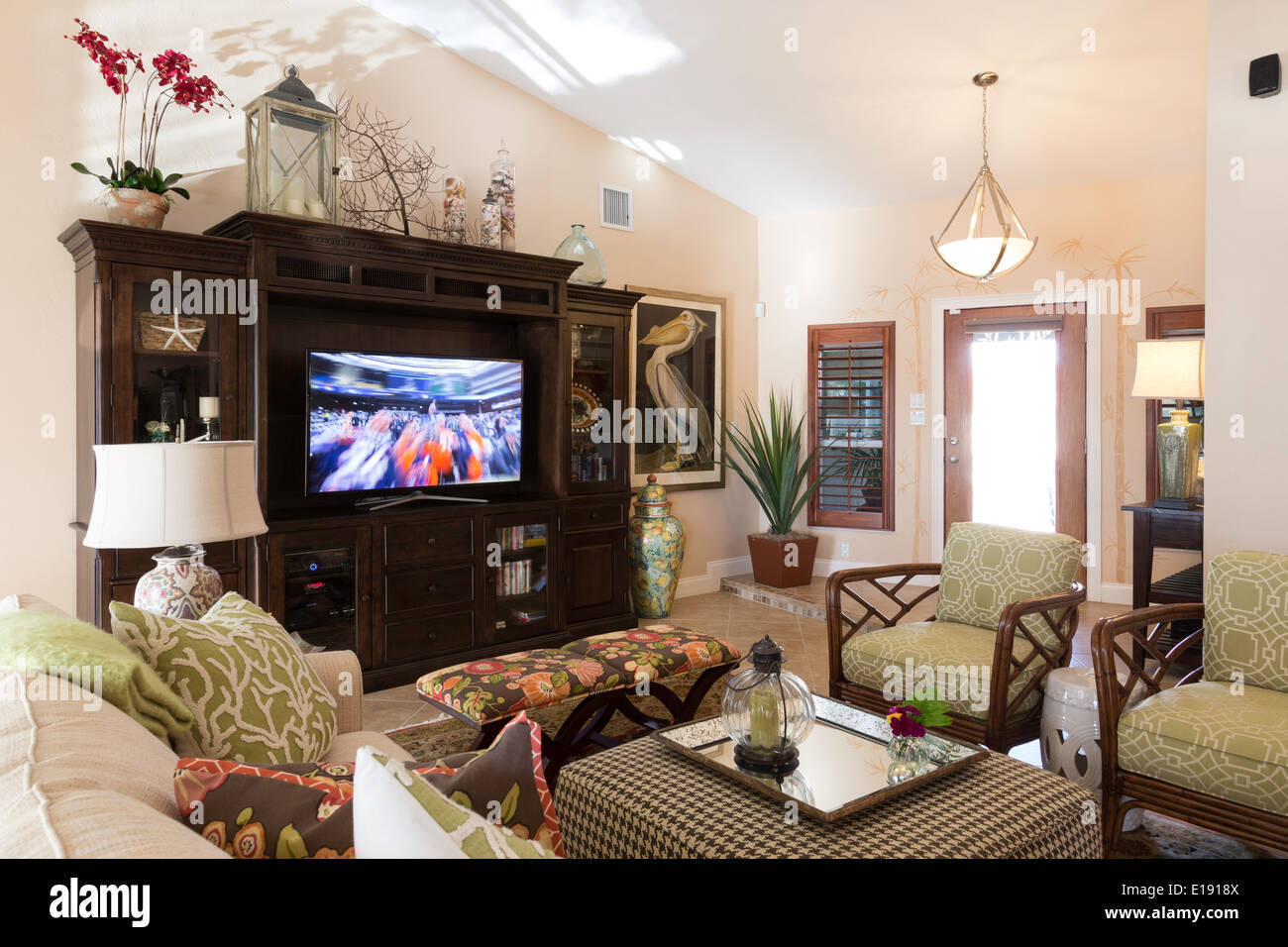 Showcase Residential Home Living Room Interior, USA Stock Photo