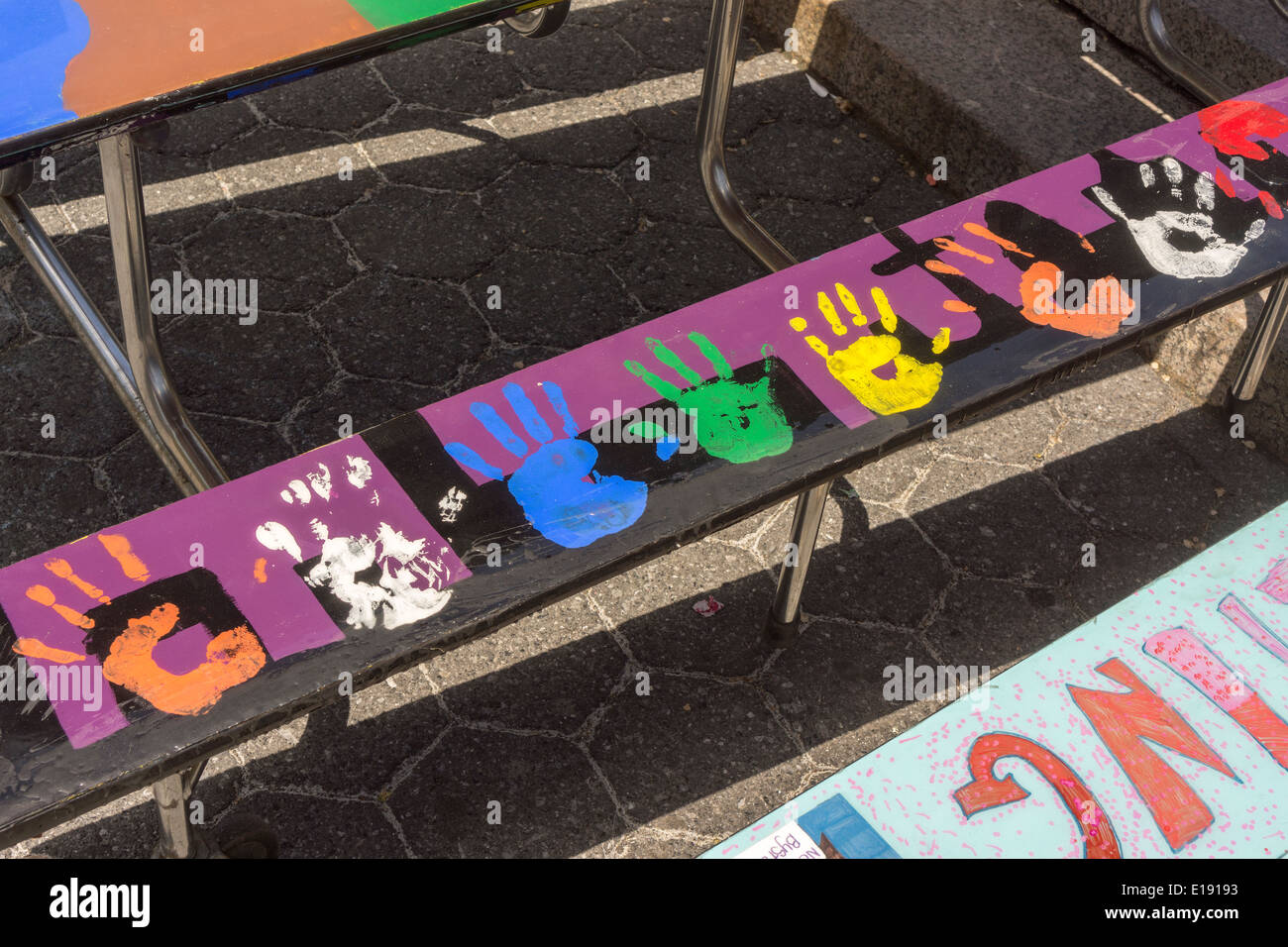 School lunchroom tables decorated with art representing various social issues are seen in Union Square Park in New York Stock Photo