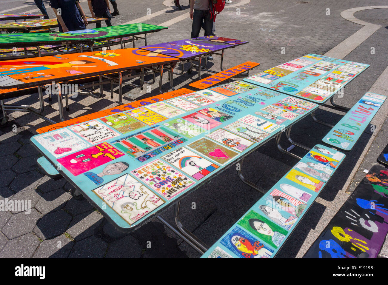School Lunchroom Tables Decorated With Art Representing