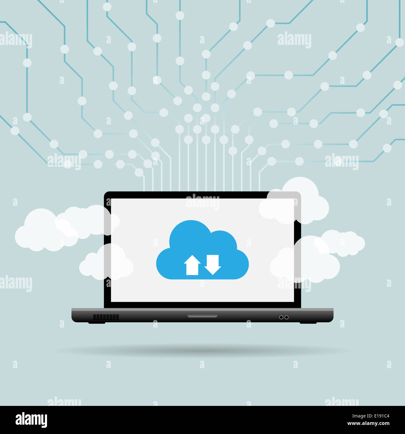 Vector illustration of cloud computing concept with laptop and cloud uplinks. Stock Photo