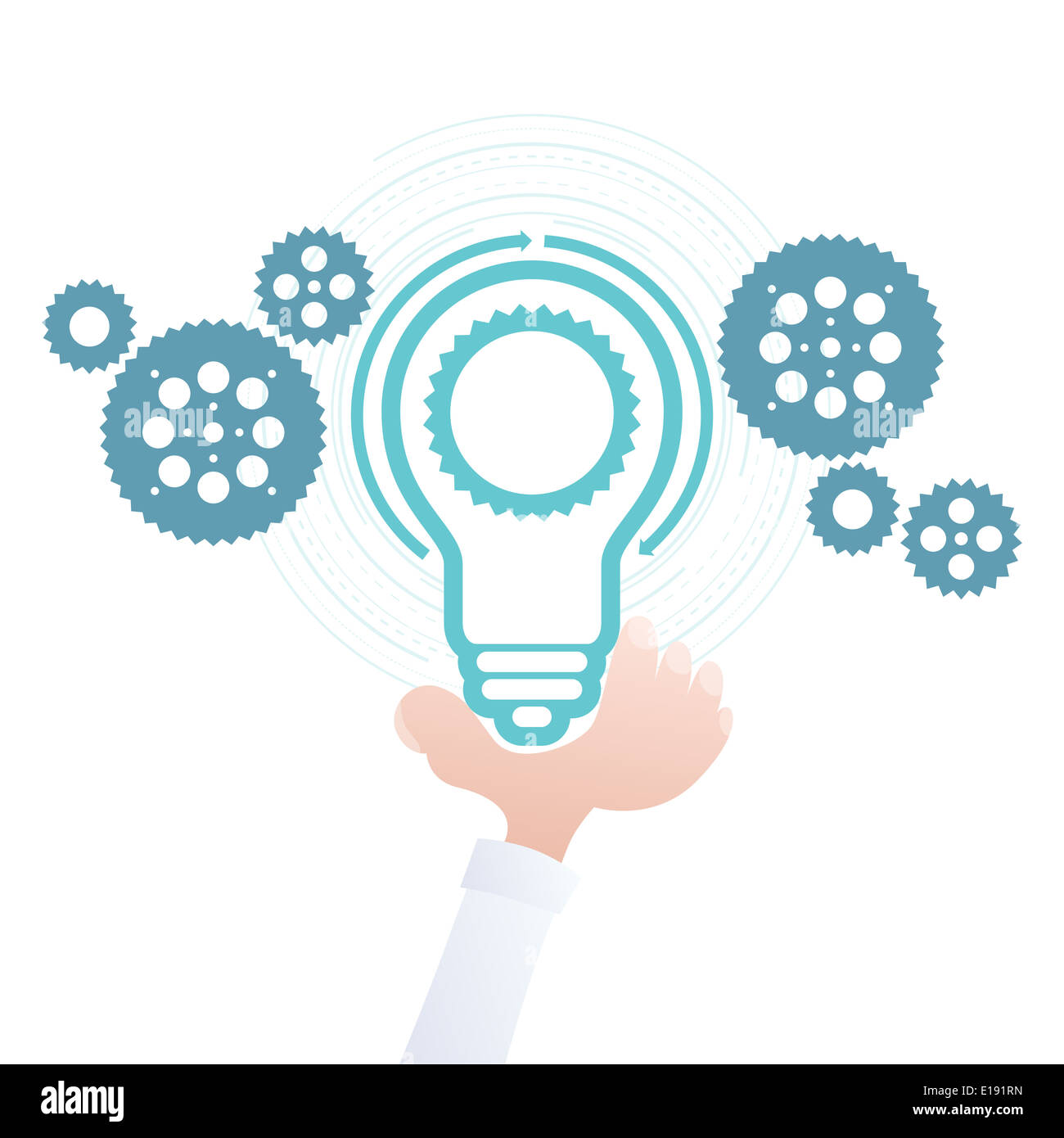 Vector illustration of hand holding a bulb with cogs to illustrate a workable idea. Stock Photo