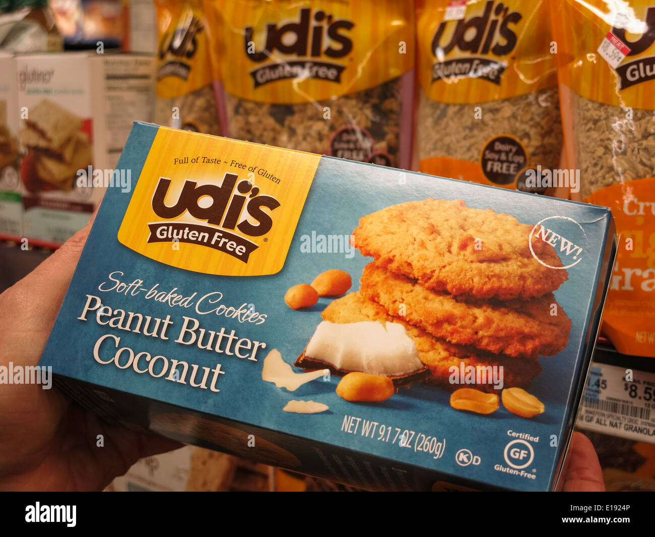 Udi's Peanut Butter Coconut Cookie Package, Gluten Free Section, Gristedes Grocery Store, NYC, USA Stock Photo
