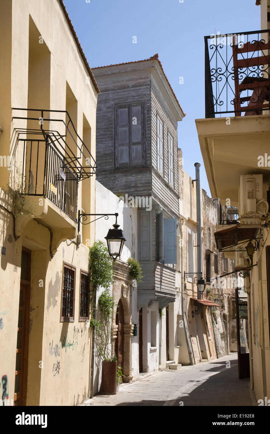 Turkish architecture, old houses in a street in Rethymno, Crete. Stock Photo
