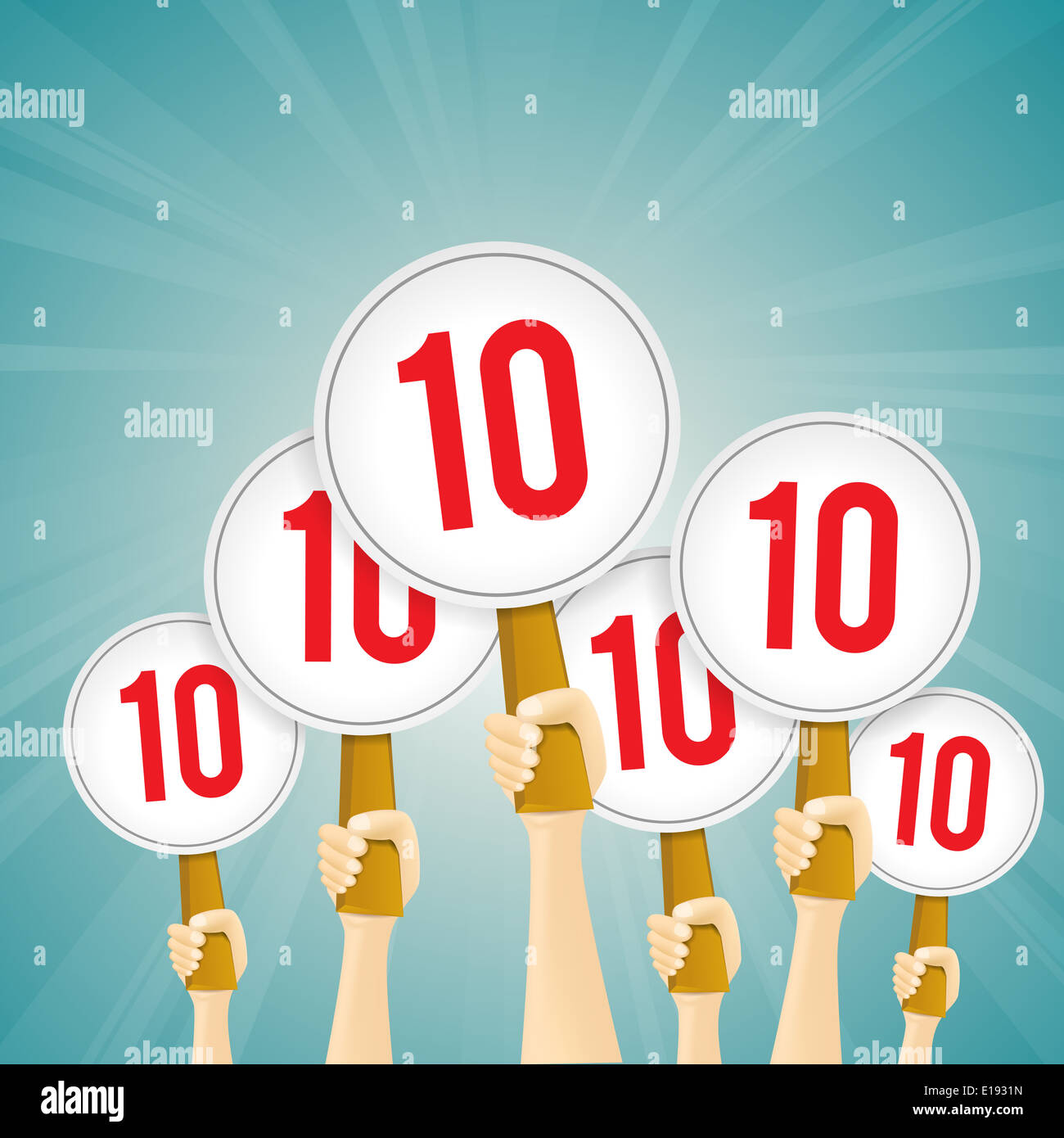 Vector illustration of several hands holding perfect 10 score signs. Stock Photo