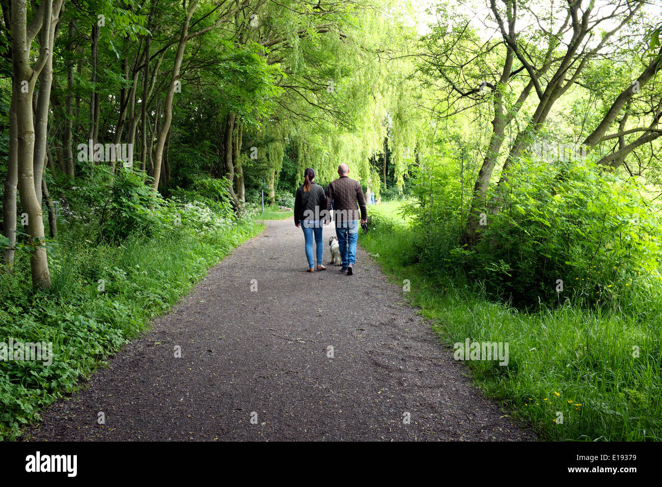 a man and a woman wak with their dog through Stenner Woods in Didsbury, South Manchester Stock Photo