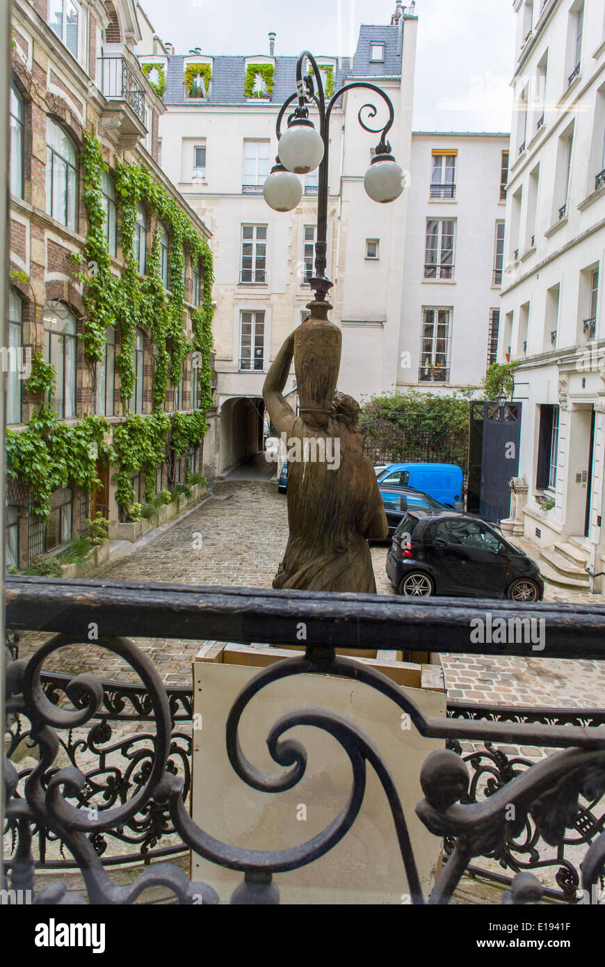 Paris, France, French Modern Art Gallery, in the Marais Area, 'Galerie Perrotin' Looking out, Window Metal Railings, gentrification Stock Photo