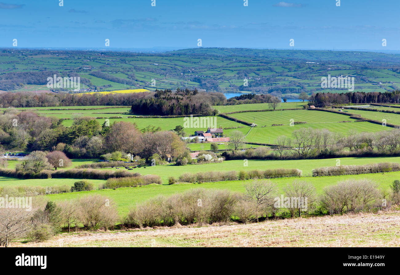 View from Black Down the highest hill in the Mendip Hills Somerset in south-west  England towards Blagdon Lake and Chew Valley Stock Photo