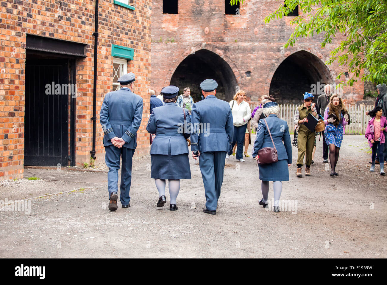People dressed in world war 2  Royal Air force military uniform as part of a 1940s night at Iron Bridge, England, UK Stock Photo